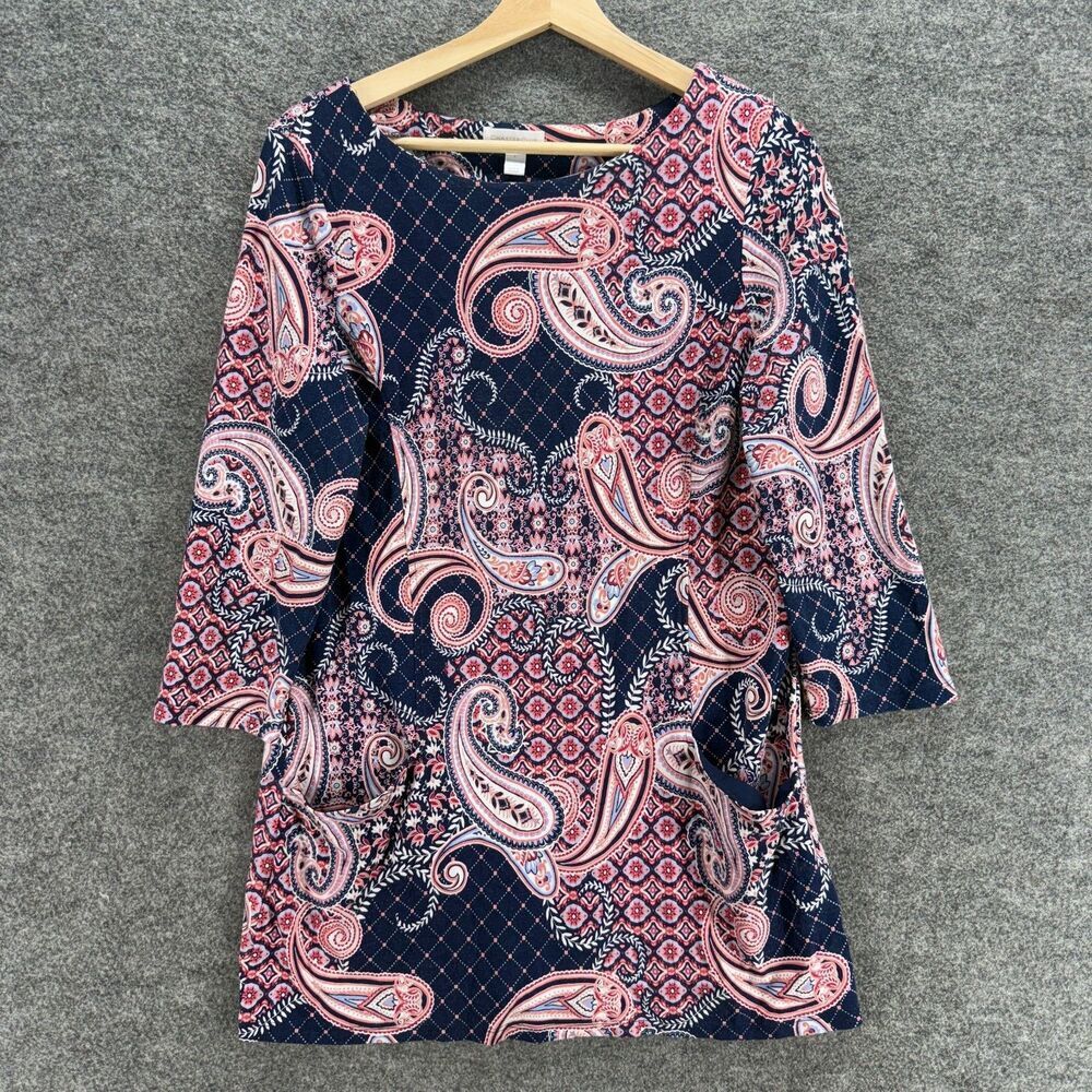 Charter Club Dress Women L Large Blue Paisley Mini Short Long Sleeve Casual